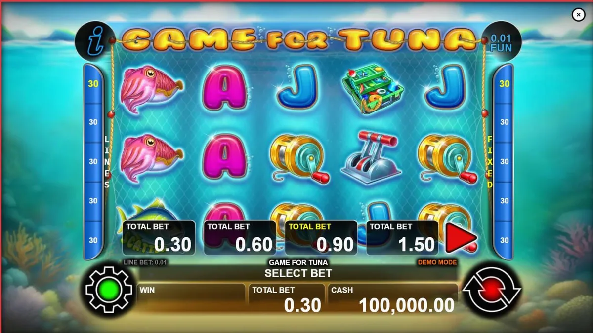 Interface vibrante e subaquática do jogo de slot Game For Tuna