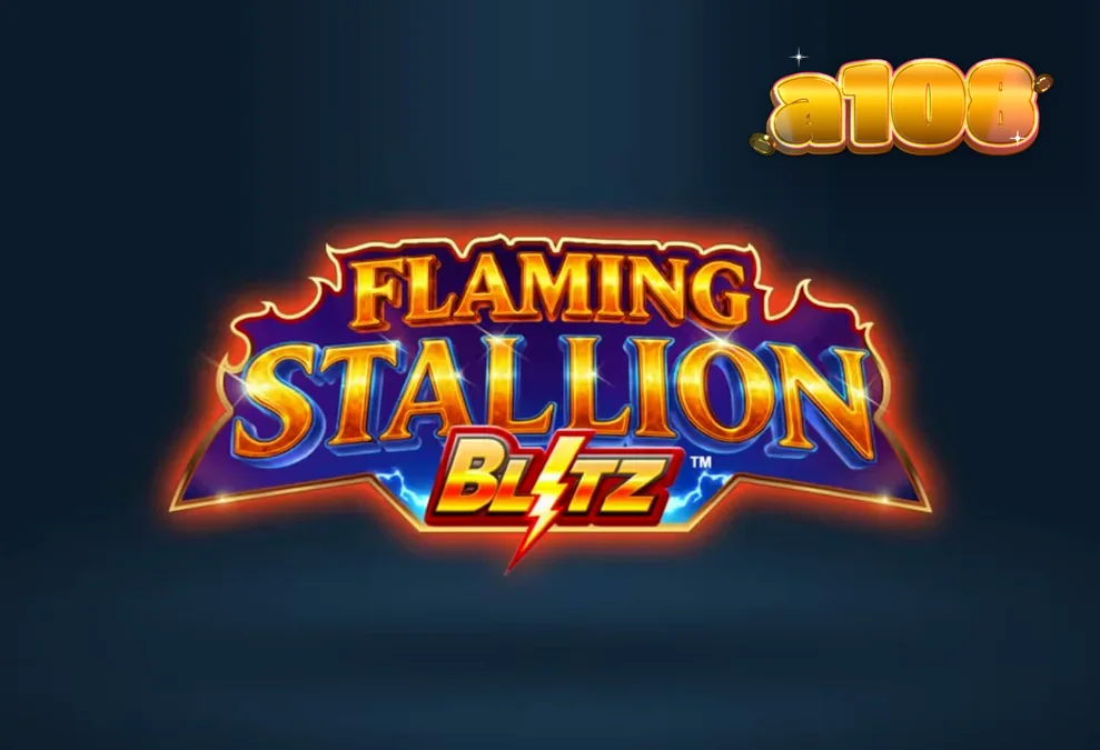 Cenário de deserto flamejante com um garanhão azul brilhante no slot Flaming Stallion Blitz
